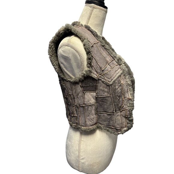 Vintage Women's Patchwork Leather & Shearling Vest - Picture 2 of 5
